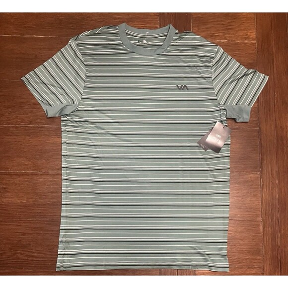 RVCA Sweep Stripe Crew SS Tee Green White Stripe Mens Size Medium NWT $60 - Picture 1 of 4